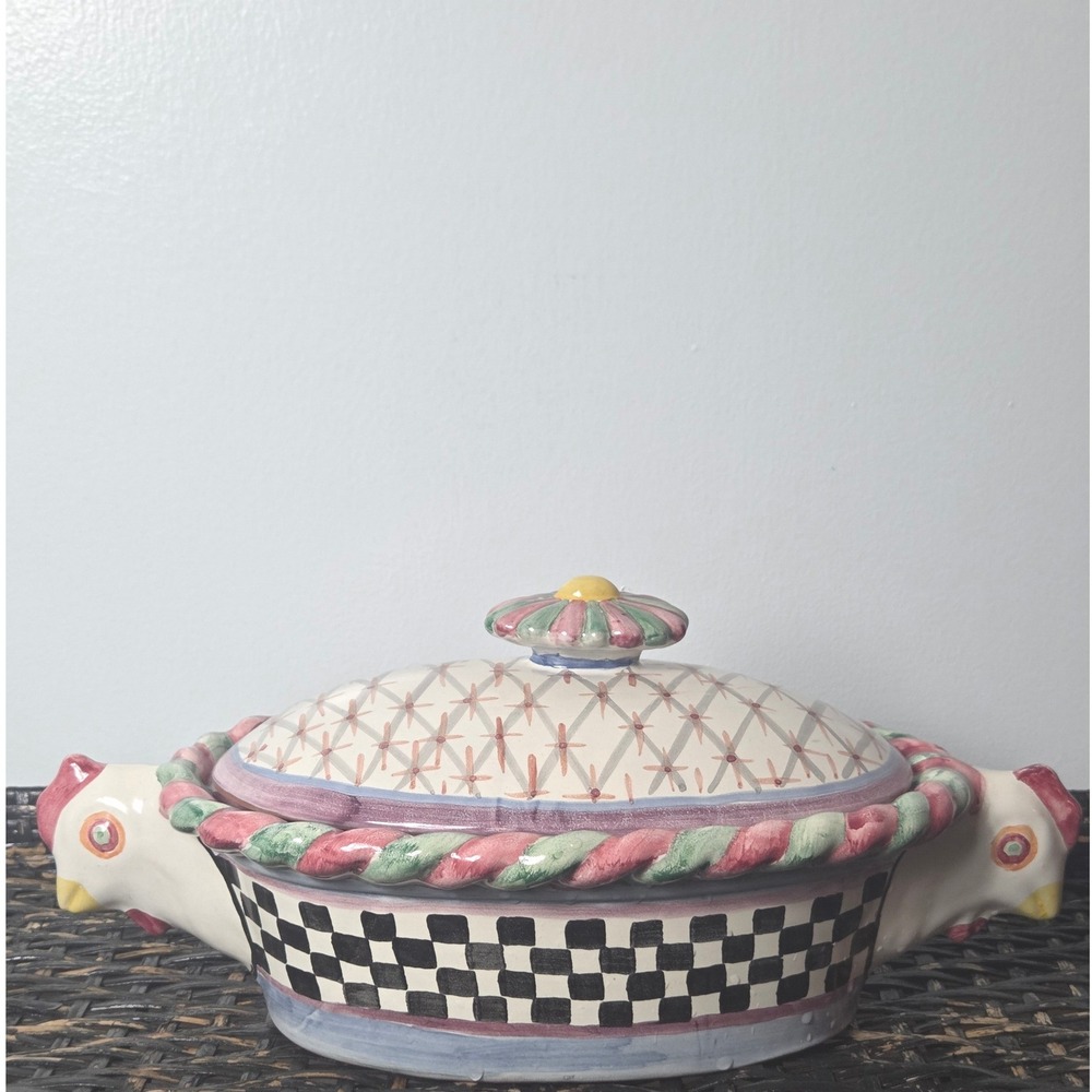 Vtg Mackenzie-Childs Oval Checkered Casserole w/Lid Chicken Handles. Piccadilly